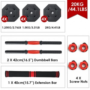 Líonadh gaineamh stroighin inbhainte dumbbell frith rollta ochtagánach PE trealamh aclaíochta plaisteach barbell tí 20kg40kg